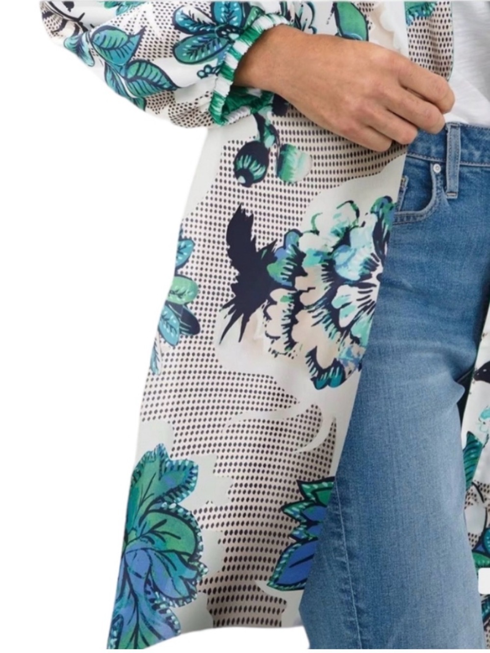 Chico's Reversible Duster Jacket Tropic Emerald Ikat Floral Satin Size 3 16 NWT - Picture 5 of 16